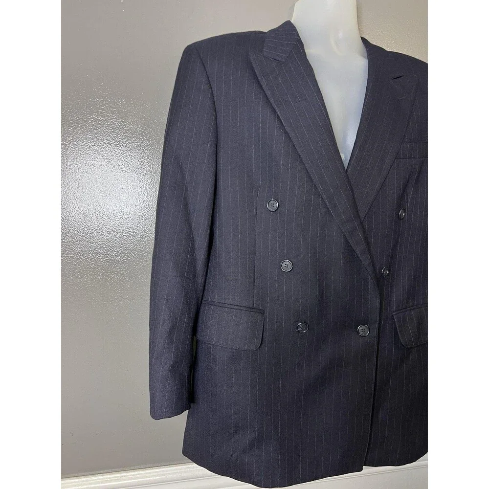 Christopher Brooks Suit Jacket Mens 41R Blue Pinstripe Double Breasted Wool